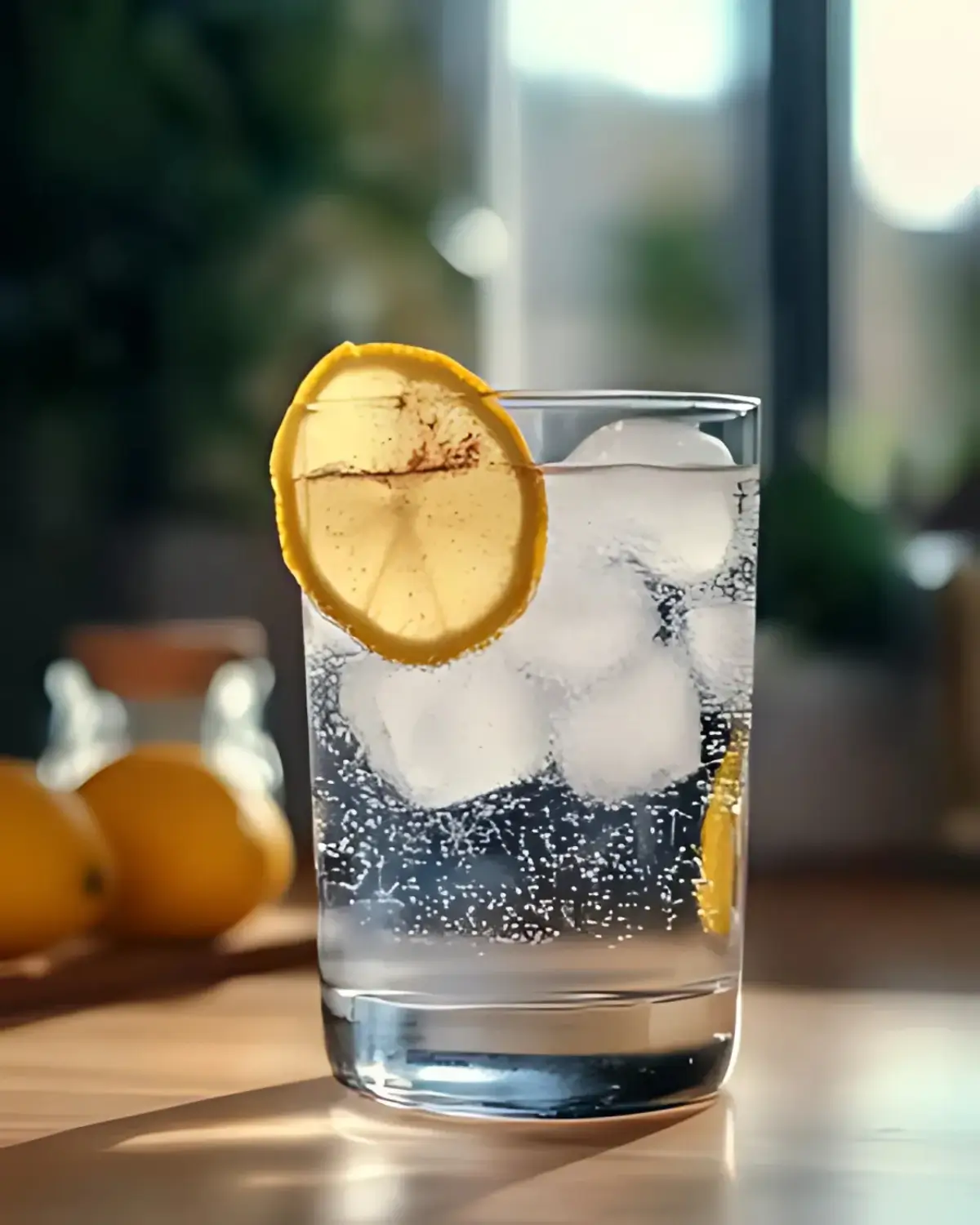 Close-up of ice hack drink with lemon slice, cinnamon dust, and bubbles rising in the glass.