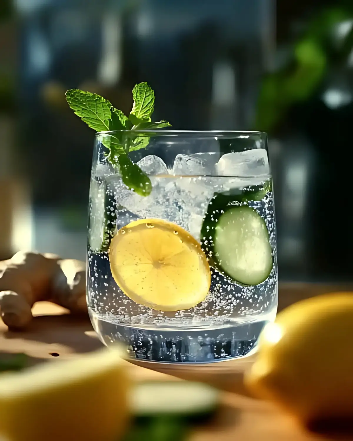 Glass of cold infused water with lemon, cucumber, and fresh mint leaves