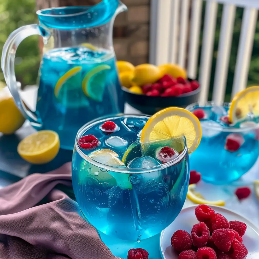 Refreshing Blue Raspberry Lemonade with lemon slices, raspberries, and ice served in glass cups and a pitcher on a summer day.