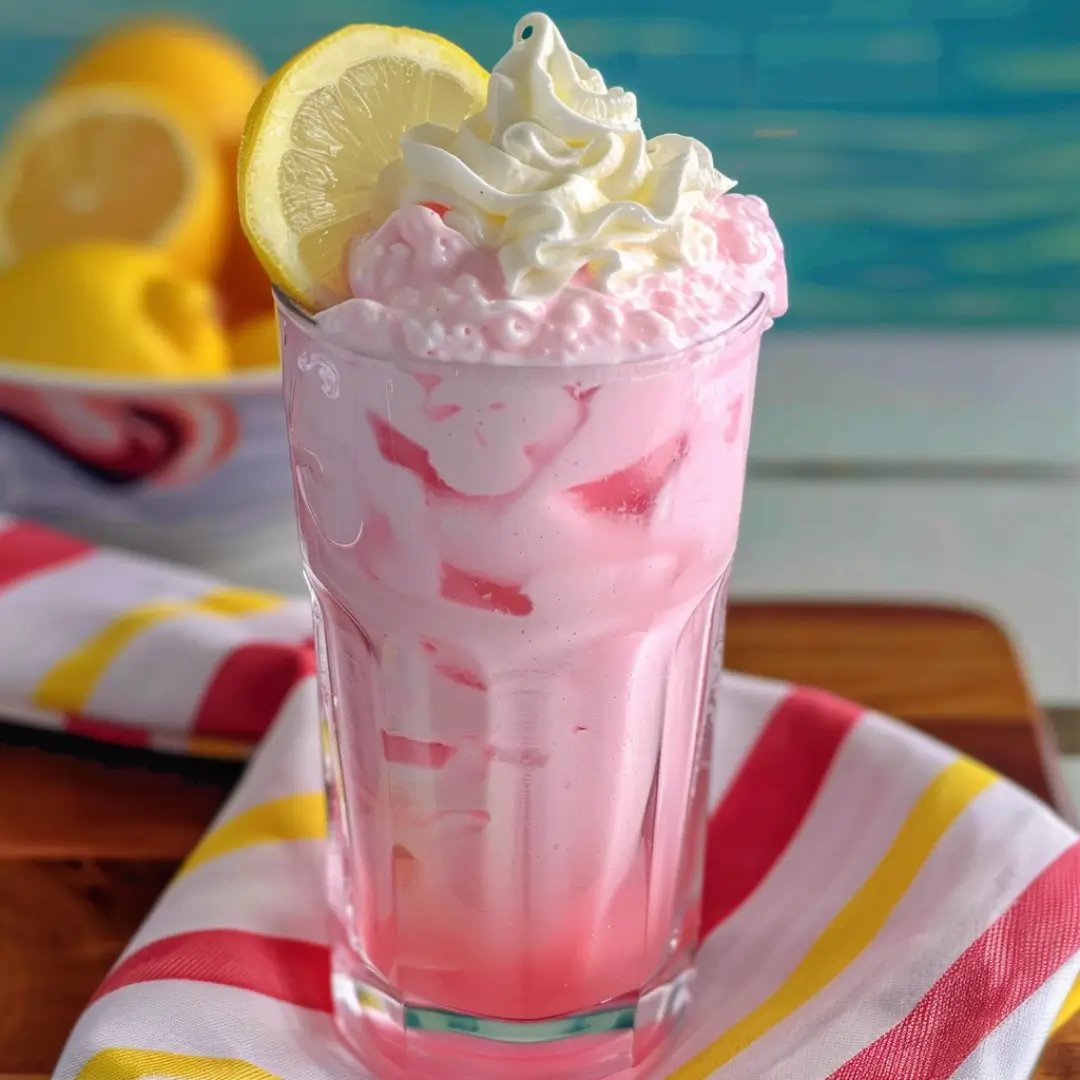 Tall glass of whipped pink lemonade with whipped cream and lemon slice on top, served over ice with a colorful striped napkin