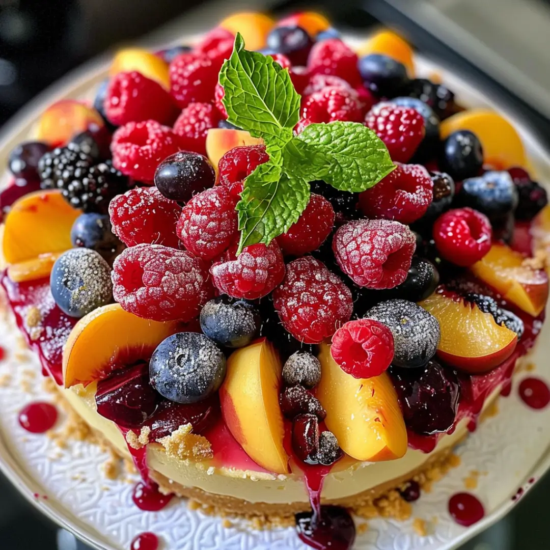 Summer Berry and Peach Cheesecake topped with fresh raspberries, blueberries, peaches, and mint garnish, drizzled with berry syrup