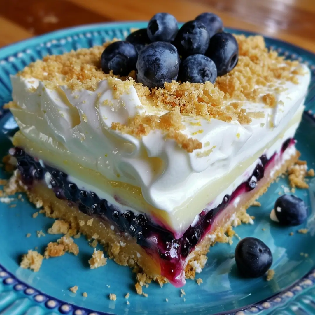 Slice of no bake lemon blueberry dessert with whipped topping and fresh blueberries on a blue plate