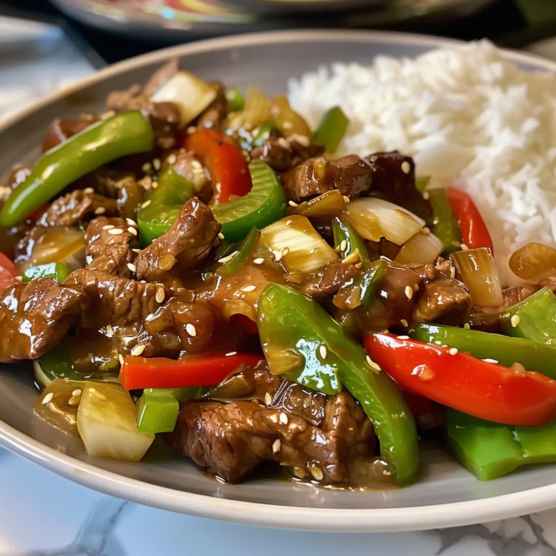 Pepper steak with bell peppers, onions, and sesame seeds served with white rice in a bowl.