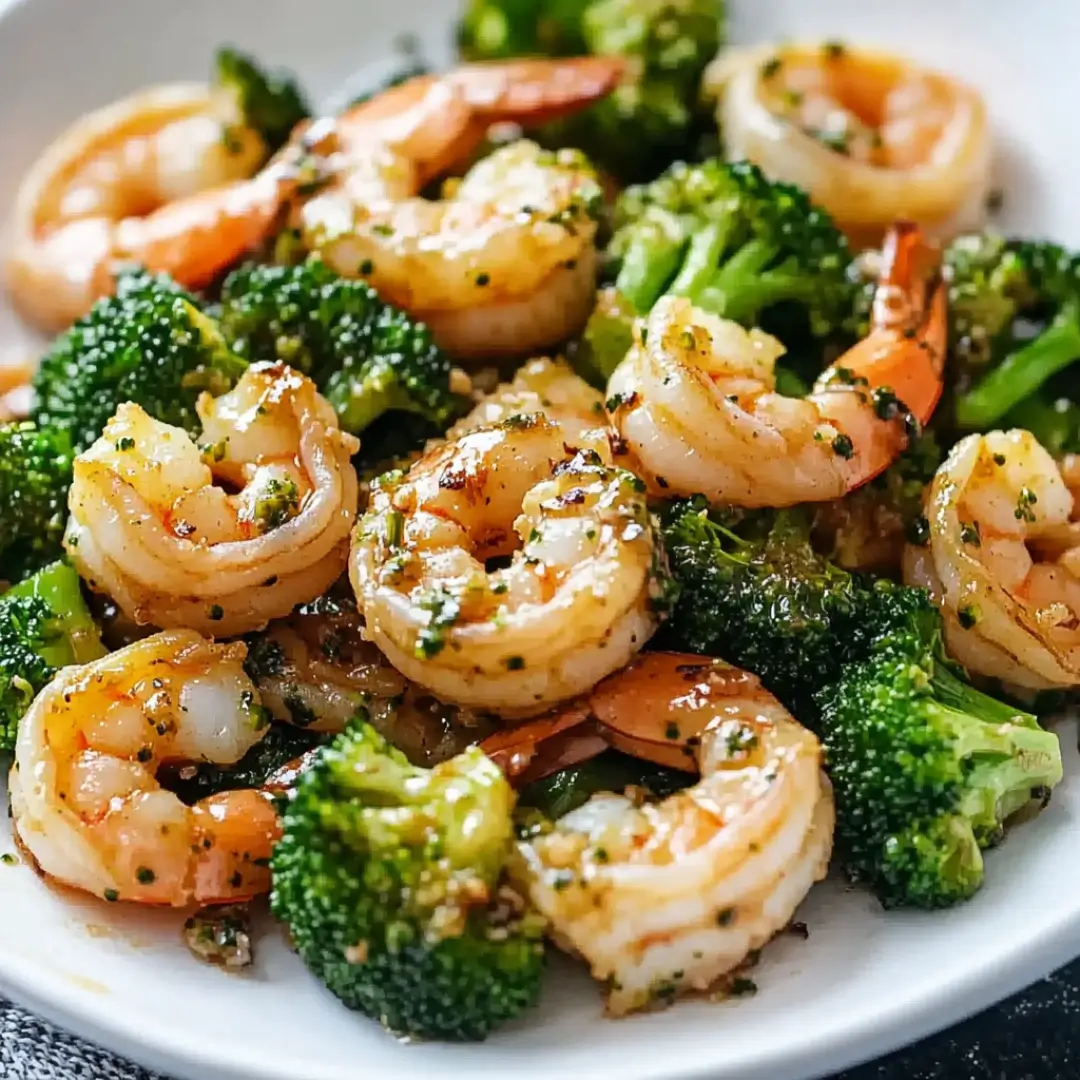 Garlic butter shrimp stir fry with broccoli on a white plate, close-up view