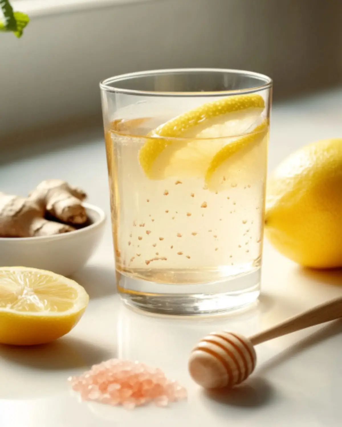 Glass of warm lemon water infused with Himalayan pink salt, with raw honey, ginger, and lemon slices on a white counter.