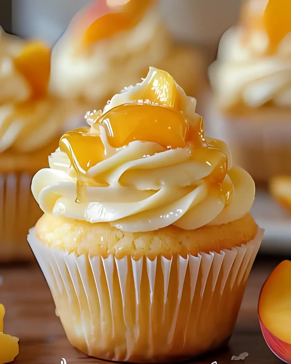 Moist Honey Peach Cream Cheese Cupcake with fresh peach filling and thick cream cheese frosting, drizzled with honey.
