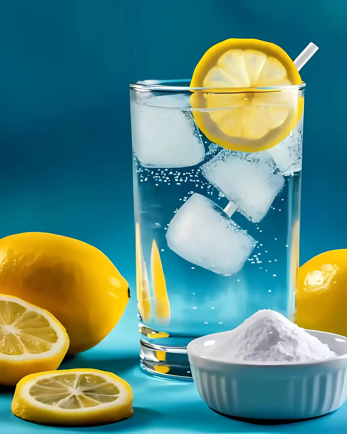 Glass of ice water with lemon slices, ice cubes, baking soda, and fresh lemons on a vibrant blue background for weight loss support