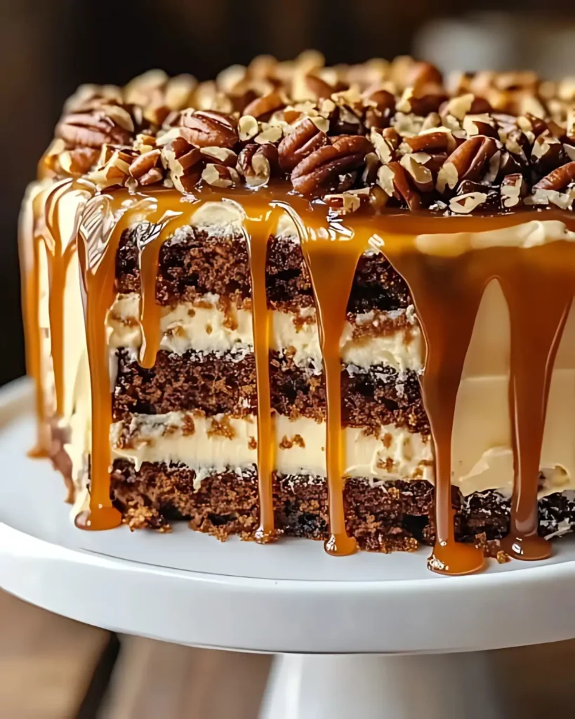 Layered caramel toffee crunch cake with homemade caramel sauce dripping over crunchy toffee and pecan topping.
