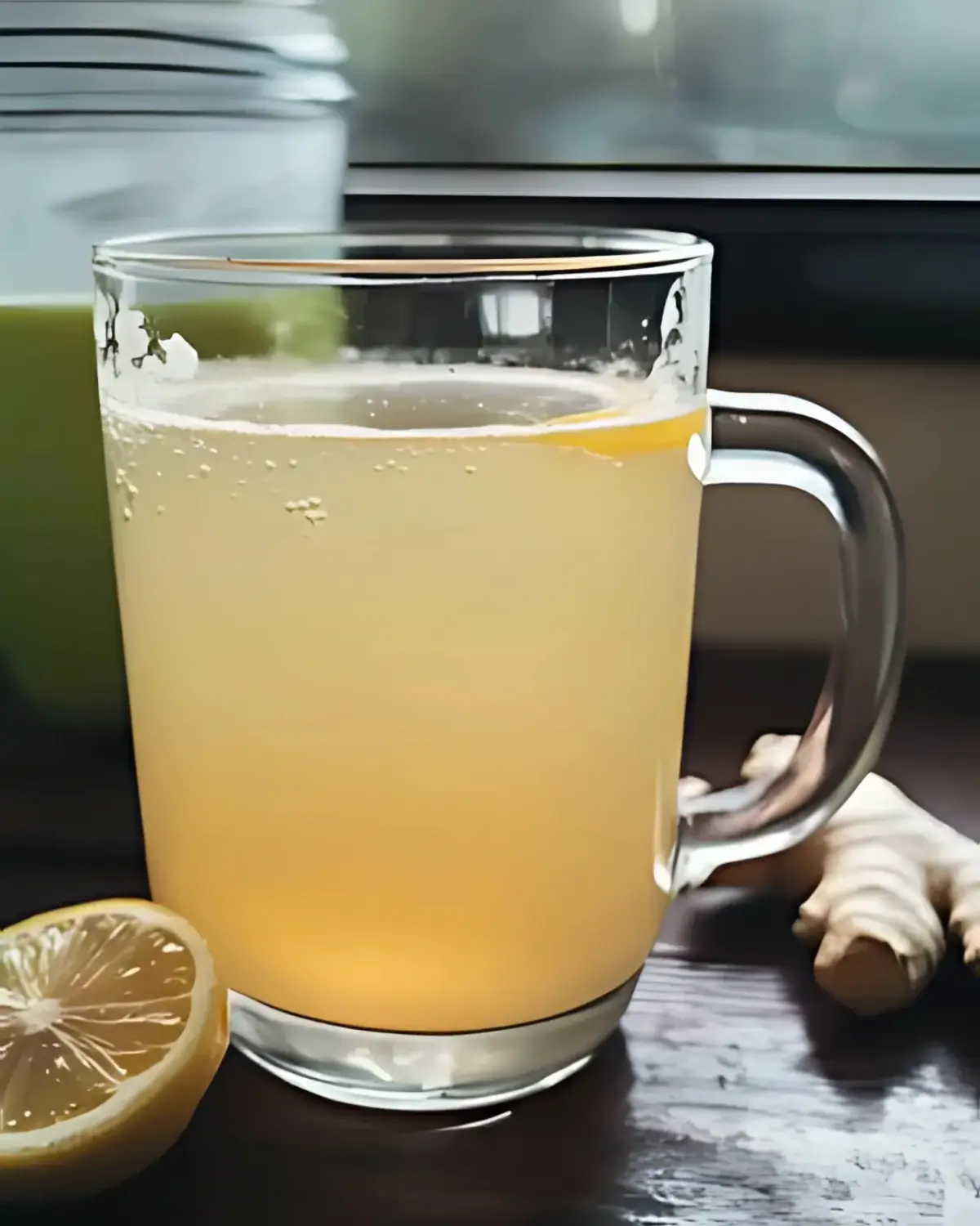 Glass mug of Japanese lemon ginger water with fresh lemon and ginger on a wooden surface