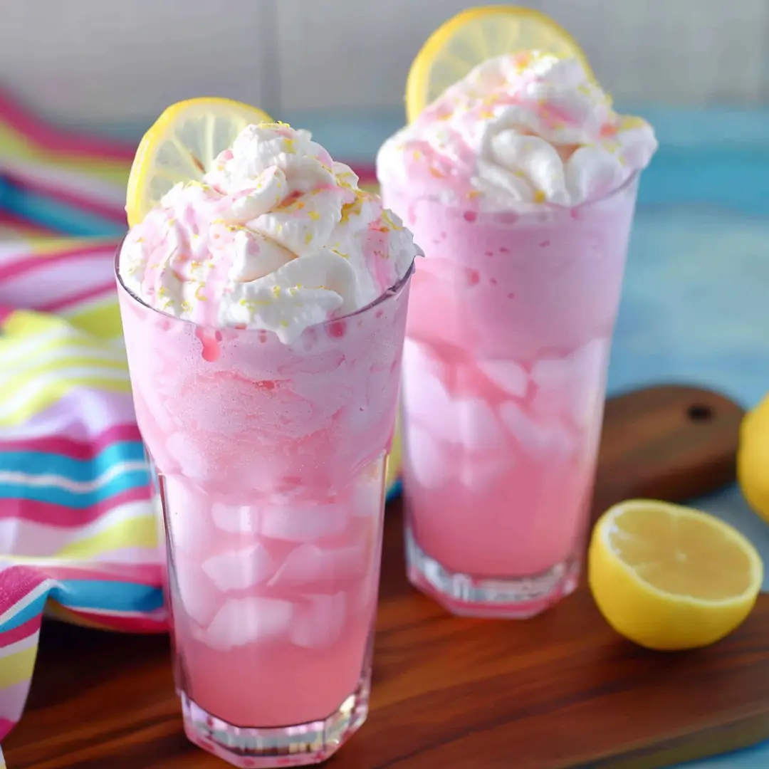 Two glasses of whipped pink lemonade with ice, whipped cream topping, lemon slices, and colorful sprinkles on a wooden board