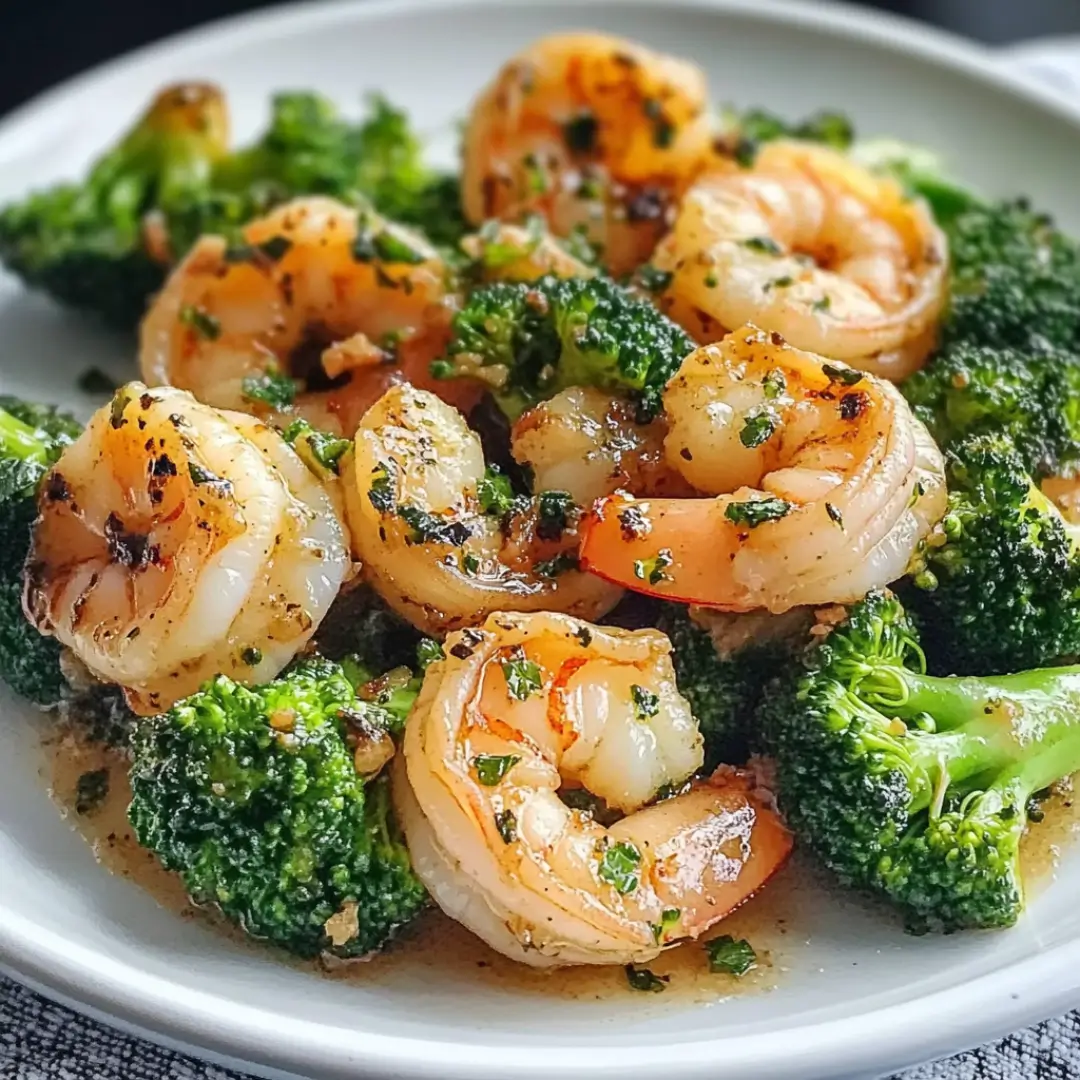 Close-up of sautéed shrimp and broccoli with garlic herb sauce on a white plate