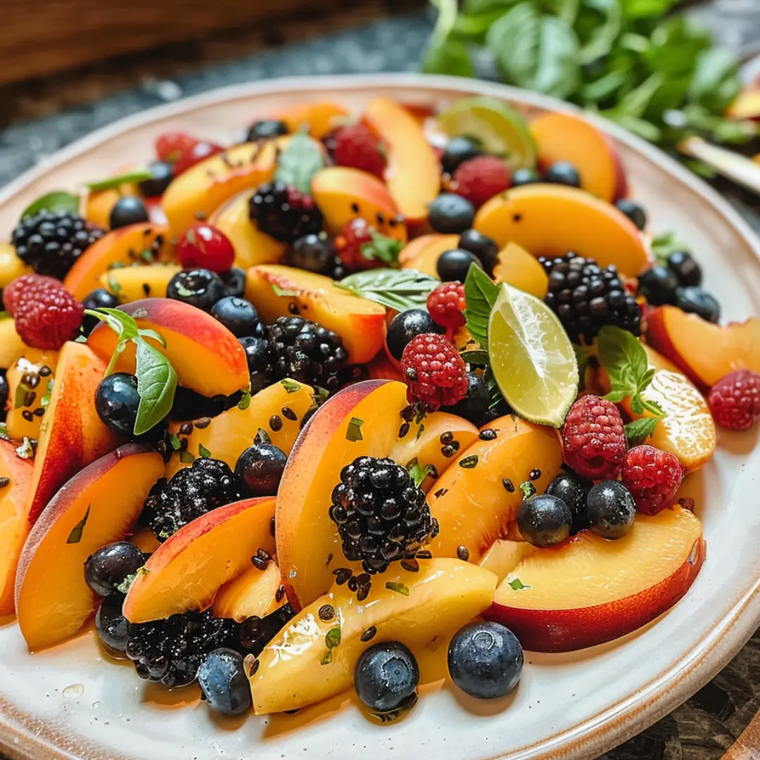 Peach fruit salad with honey lime dressing, basil, blackberries, and blueberries.