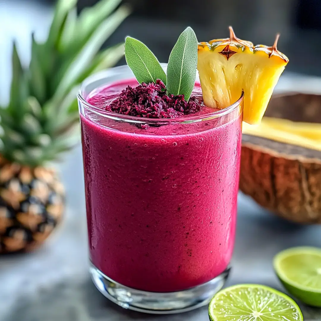 Bright hibiscus tea pineapple smoothie topped with pineapple chunks, dried hibiscus petals, and fresh sage leaves in a glass with a straw.