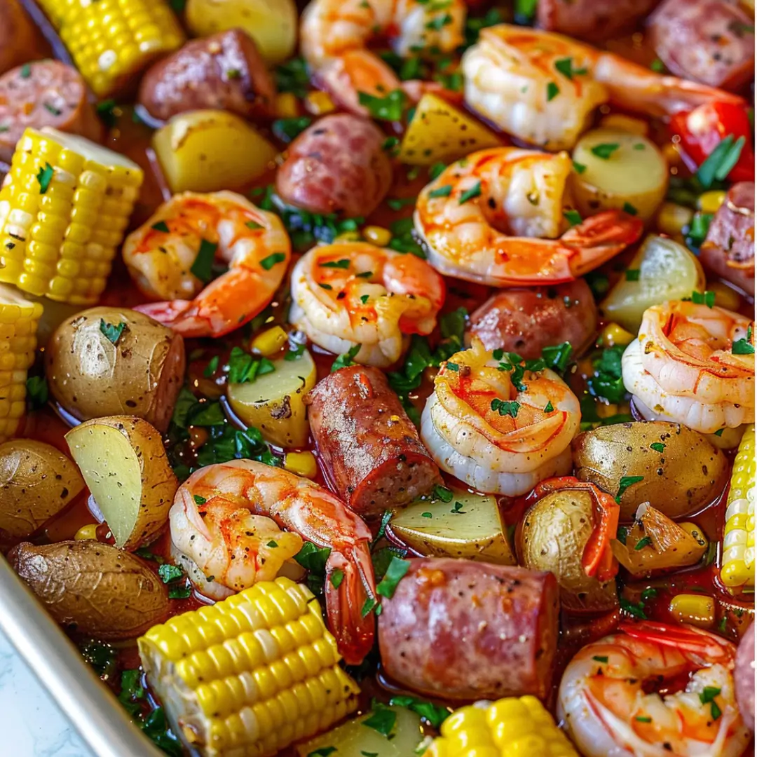 One pan shrimp boil with potatoes, shrimp, sausage, and red bell pepper topped with fresh herbs