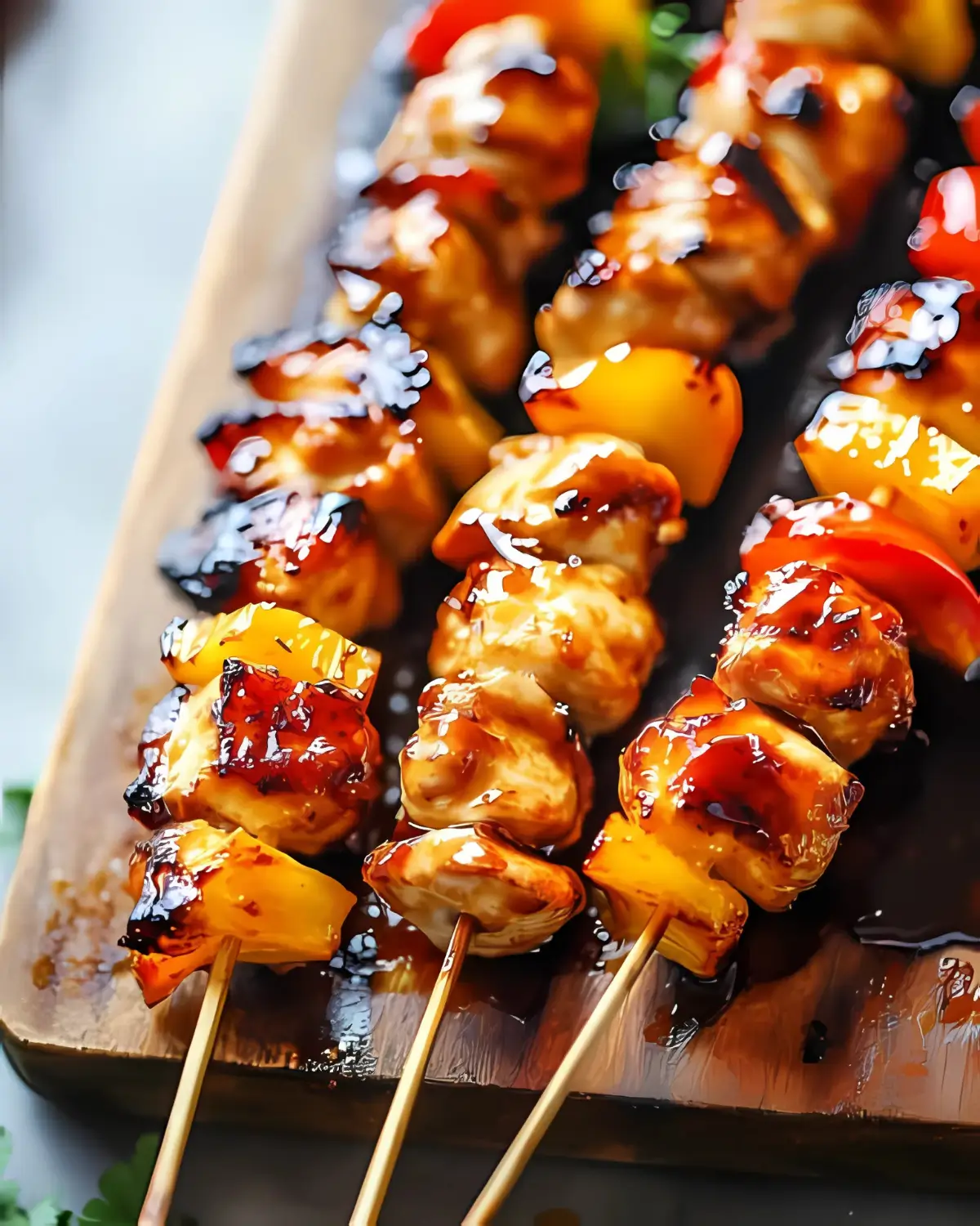 Grilled BBQ pineapple chicken kabobs with red and yellow bell peppers on skewers, glazed with sticky sauce.