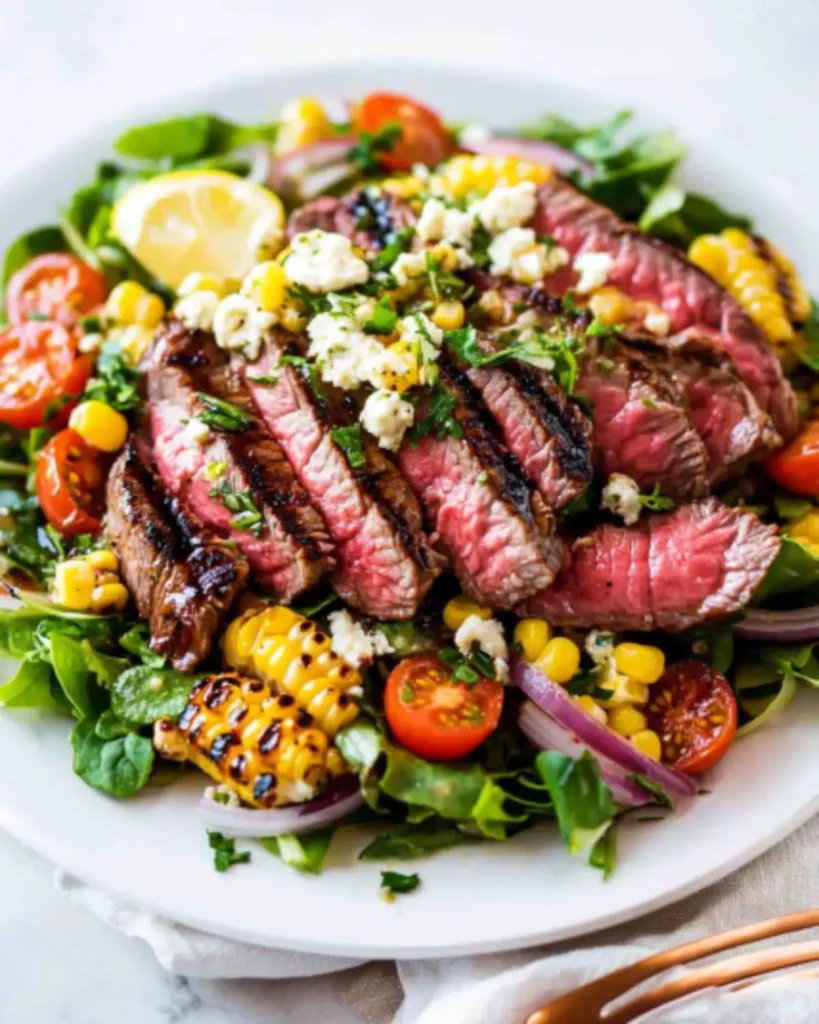 Close-up of sliced grilled steak on salad with charred corn, gorgonzola cheese, and red onion