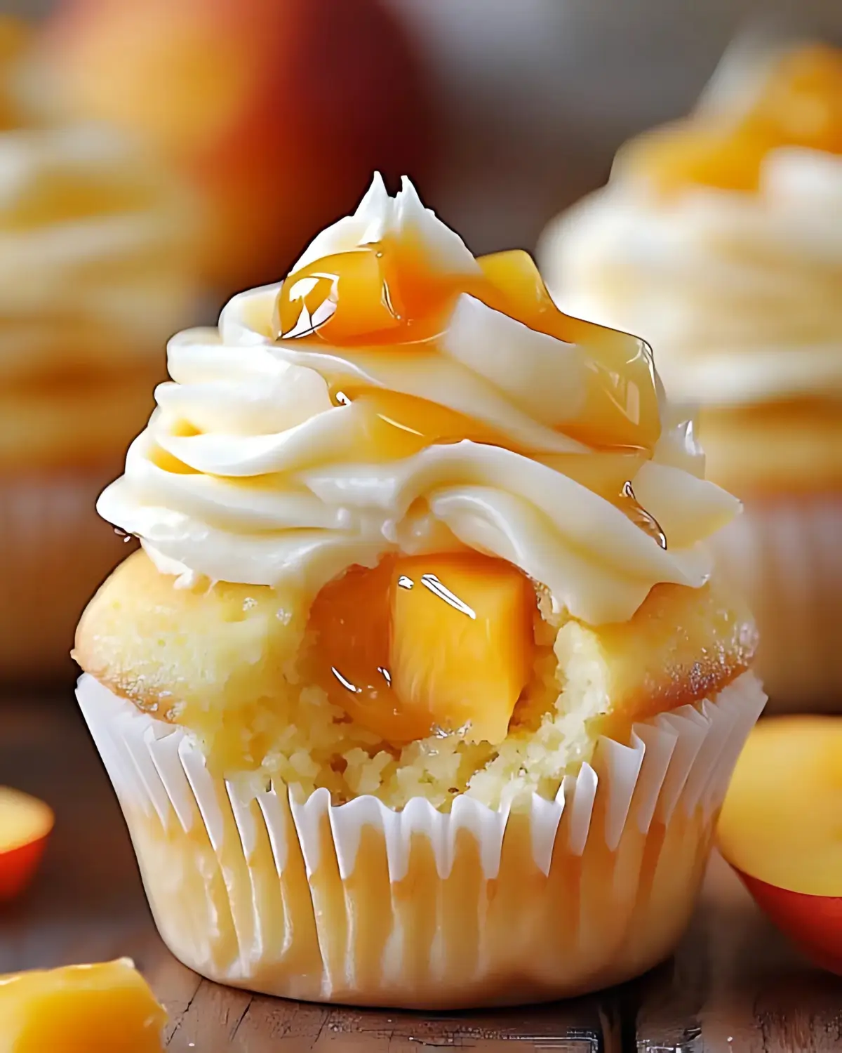 Half-eaten Honey Peach Cream Cheese Cupcake revealing juicy peach preserves and cream cheese frosting.
