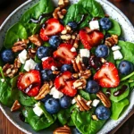Bowl of Strawberry Spinach Salad topped with fresh strawberries, blueberries, feta cheese, toasted pecans, and a balsamic glaze drizzle.