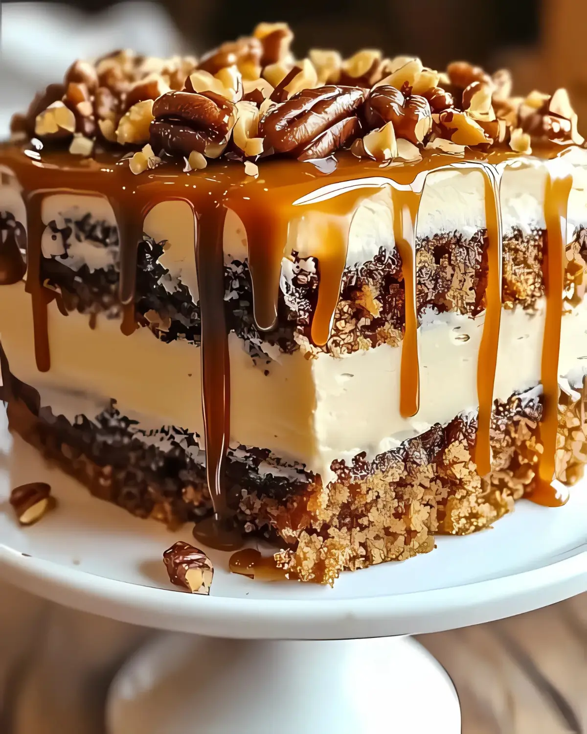 Three-layer caramel toffee crunch cake with creamy frosting, crushed toffee pieces, chopped pecans, and dripping caramel sauce.