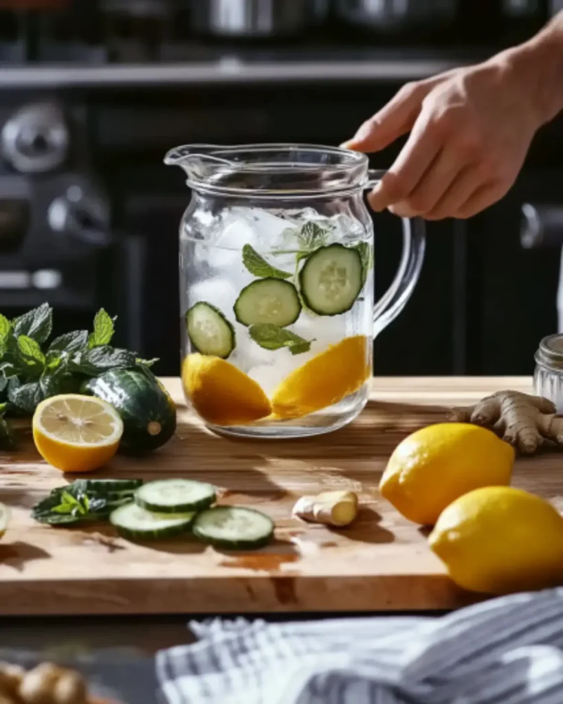 Preparing ice water hack recipe with lemon, cucumber, and mint in a kitchen