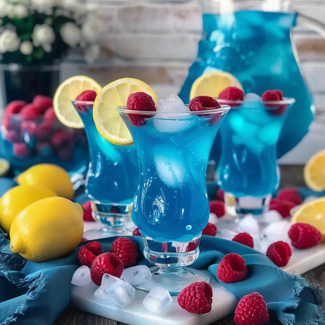 Chilled Blue Raspberry Lemonade in elegant glasses, garnished with lemon slices and raspberries, surrounded by fresh fruit and ice cubes.