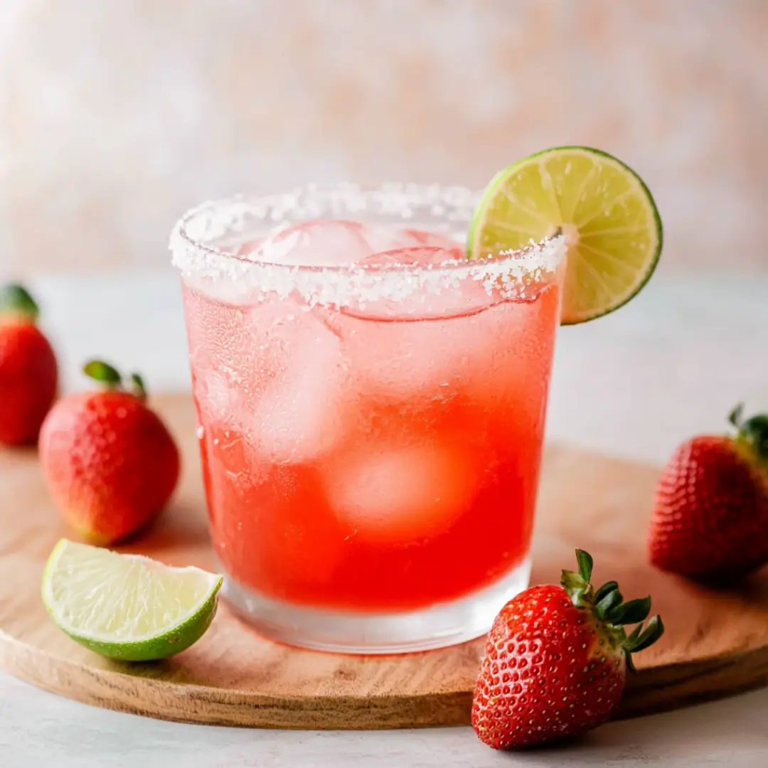Non-alcoholic strawberry lime margarita on a wooden board with fresh fruit