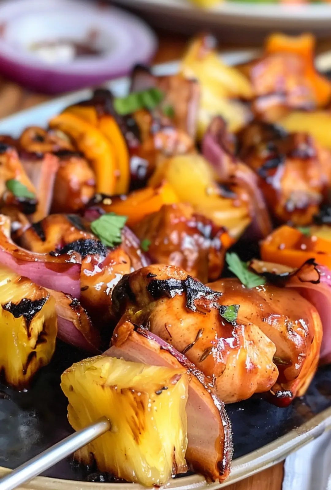 Grilled BBQ chicken pineapple skewers served on a platter with fresh herbs.