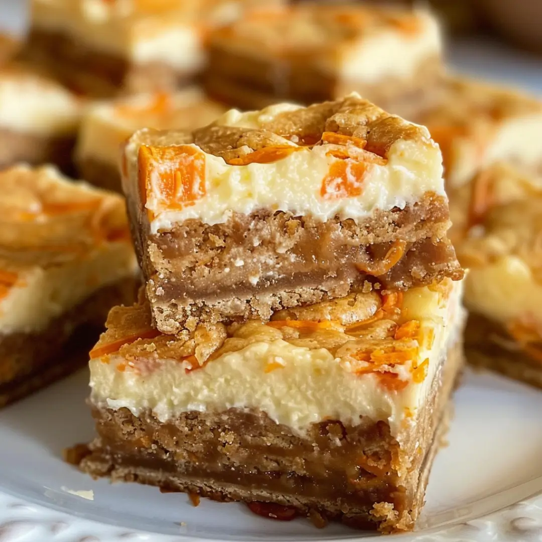 Delicious homemade carrot cake bars with a creamy cheesecake swirl, topped with fresh carrots and a golden-brown crust.