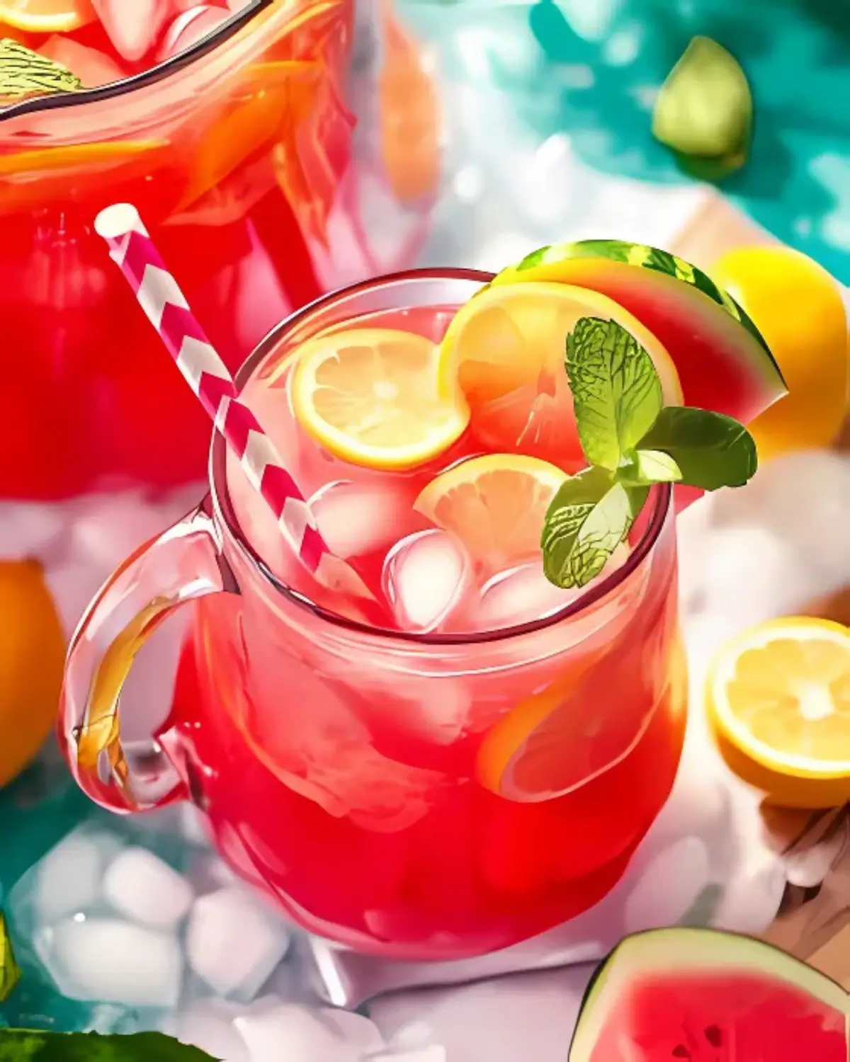 Iced Watermelon Lemonade with Watermelon Slice and Fresh Citrus