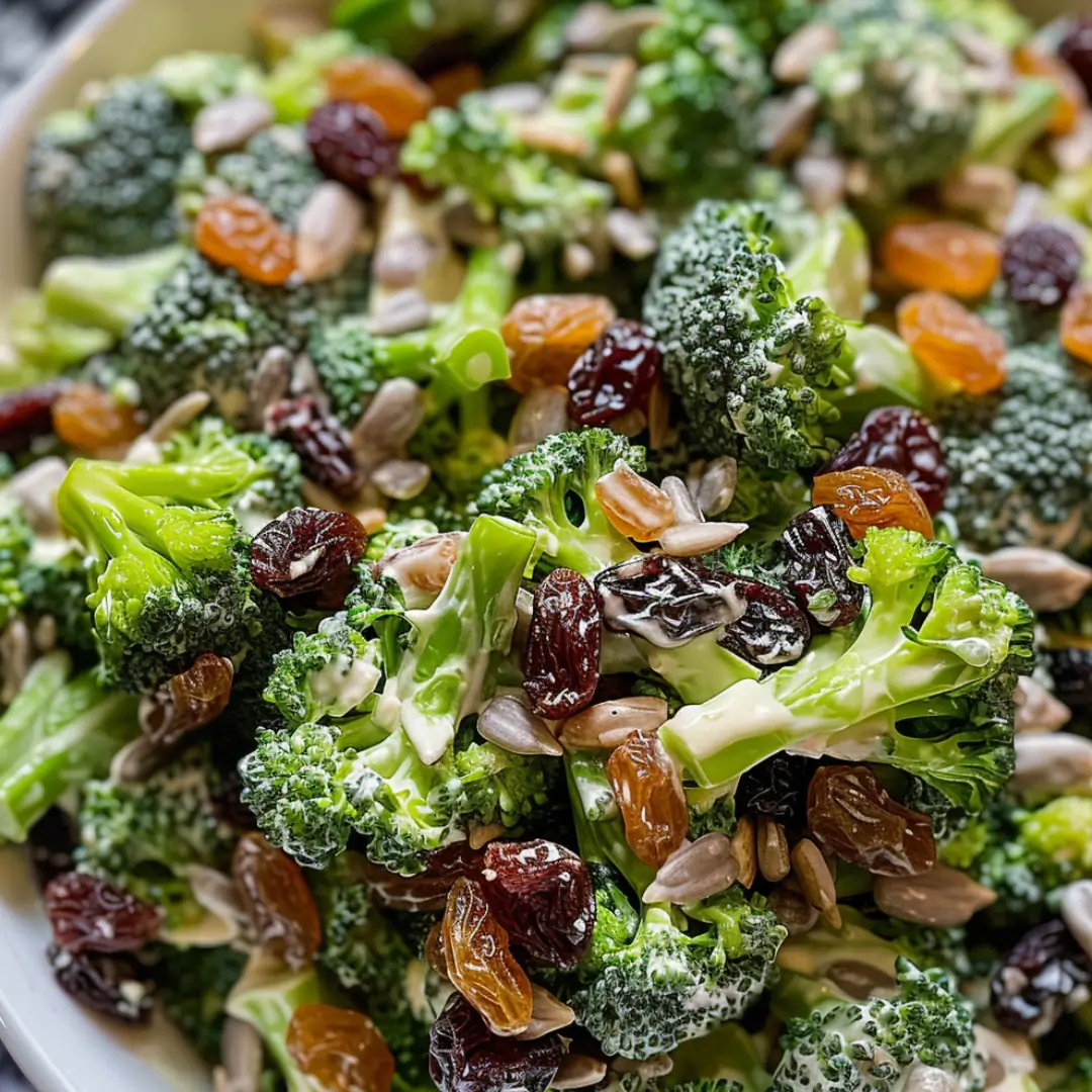 Colorful broccoli raisin salad with sunflower seeds and creamy dressing in a white bowl