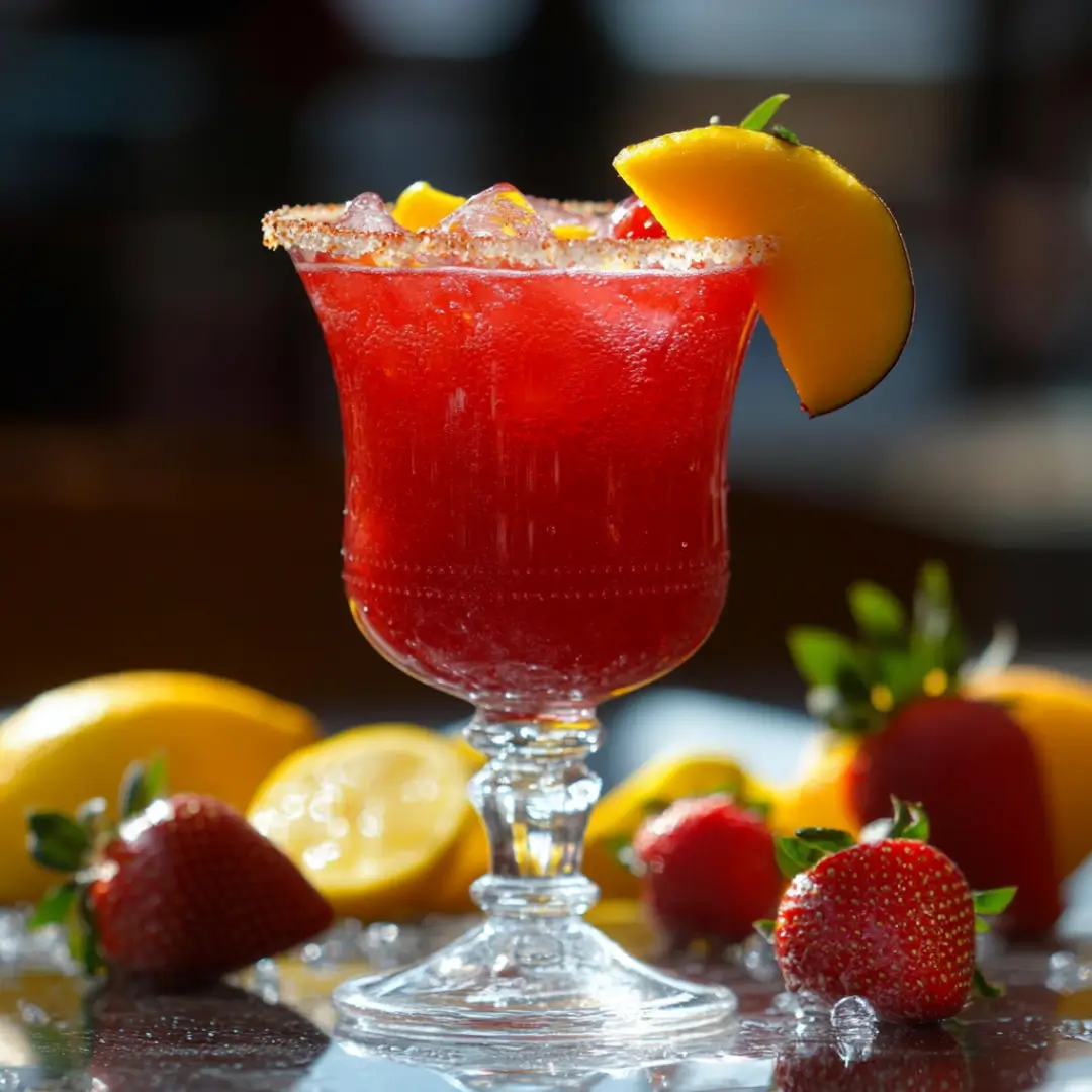 Hibiscus tea strawberry-lemonade refresher served in a glass with a mango wedge, surrounded by fresh strawberries and lemons