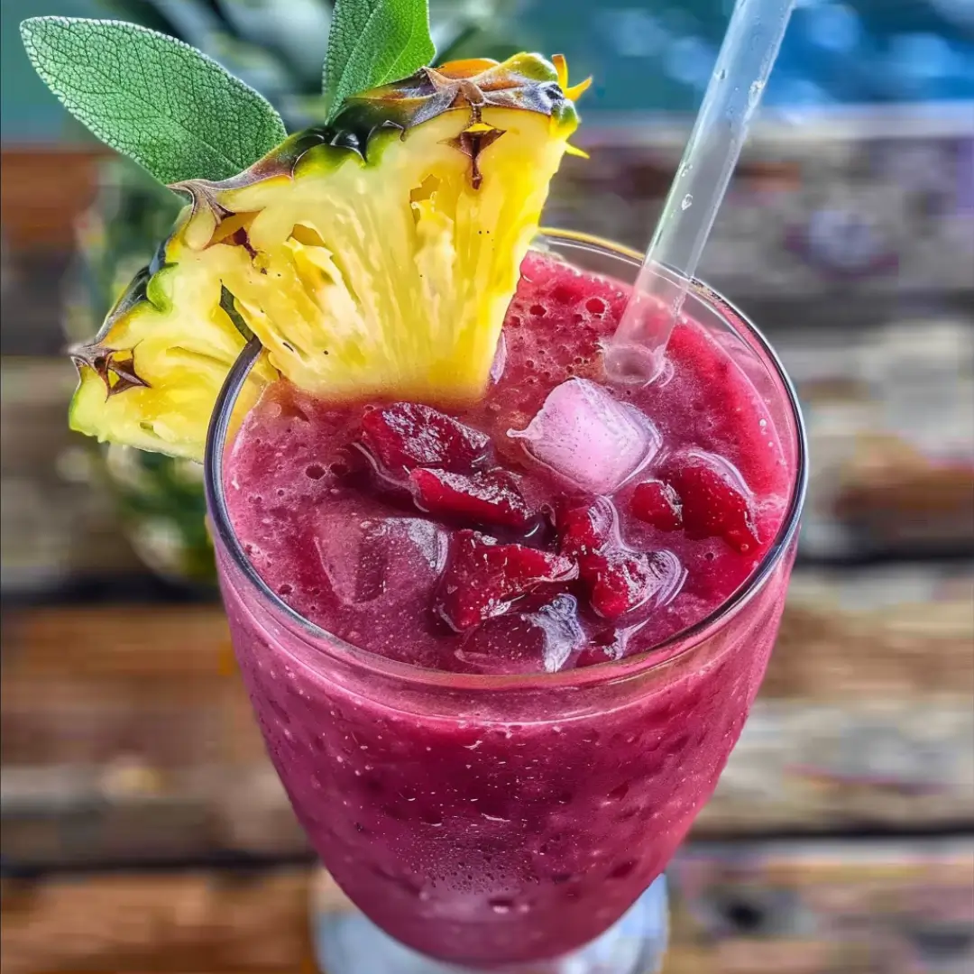 Bright red hibiscus tea pineapple smoothie in a glass, topped with sage leaves and pineapple slice, with fresh lime, coconut, and pineapple in background.