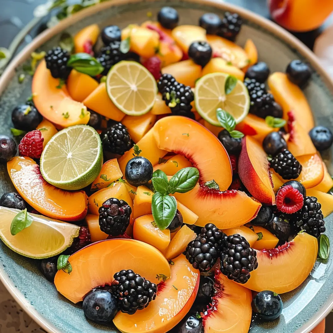 Colorful peach fruit salad with honey lime dressing, blackberries, blueberries, and fresh basil leaves.