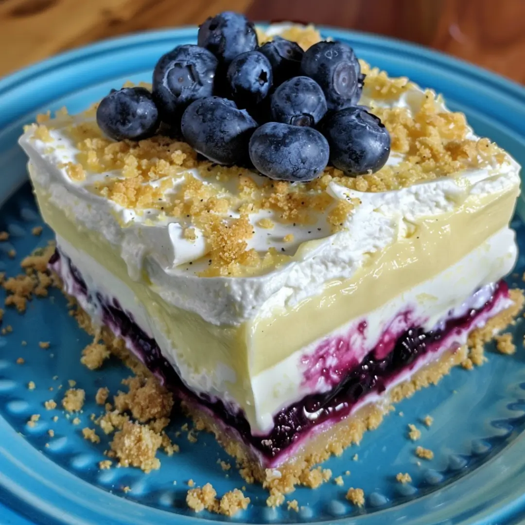 Slice of no bake lemon blueberry dessert with layers of lemon pudding, blueberry filling, whipped cream, and graham cracker crust on a blue plate