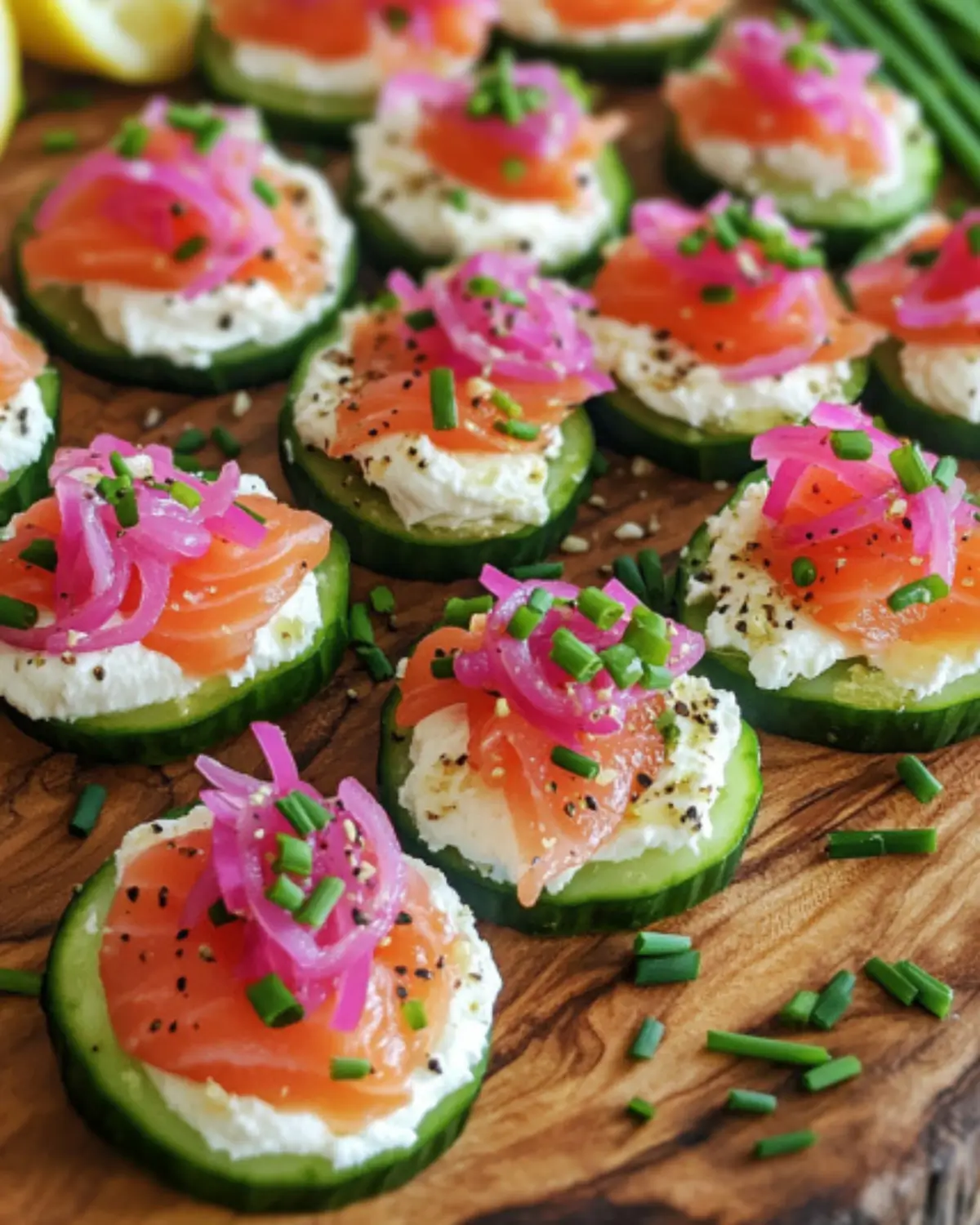 Smoked salmon cucumber bites topped with whipped cheese, pickled onions, chives, and lemon zest on a wooden board.