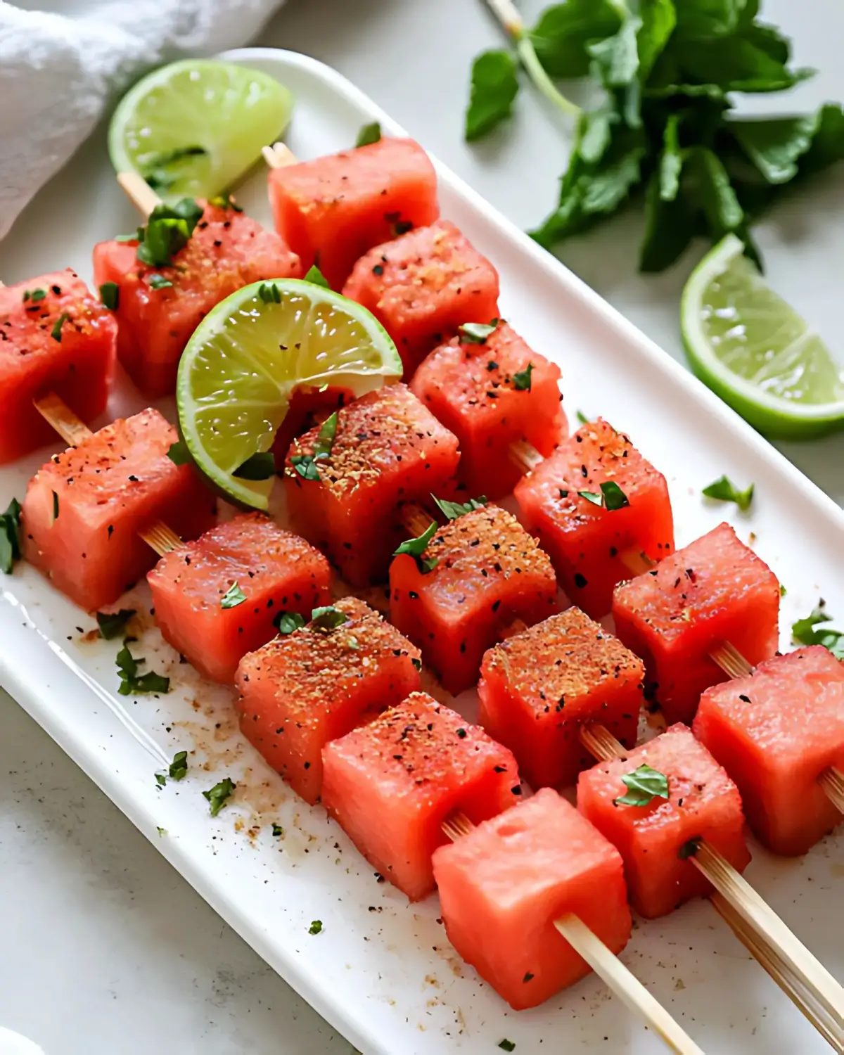 Watermelon Tajin Skewers on wooden sticks with fresh mint and lime wedges, garnished with Tajin seasoning and black pepper.