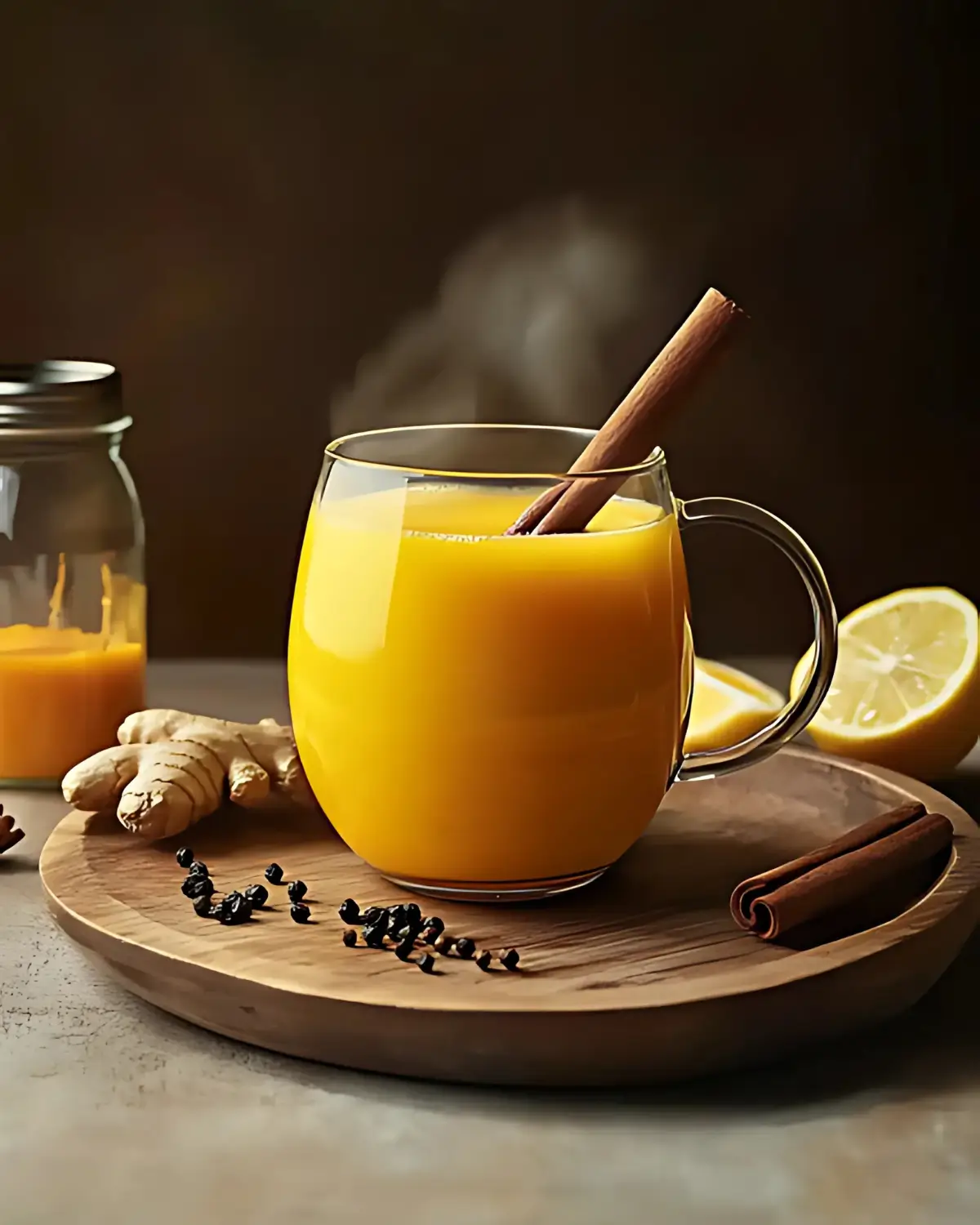 Golden turmeric weight loss drink in a clear glass mug with cinnamon stick, surrounded by ginger, black pepper, and lemon on a wooden tray