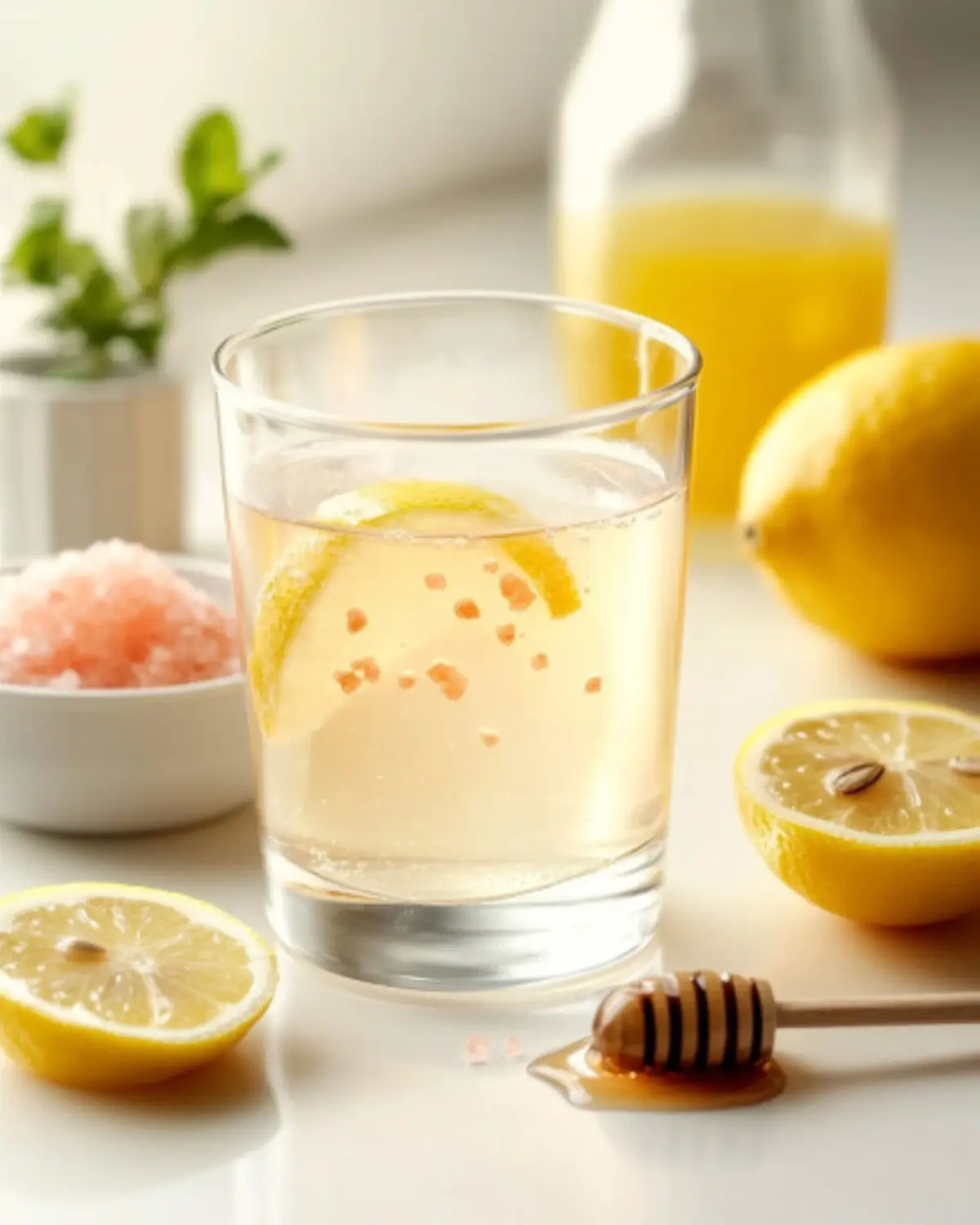 Glass of pink salt and lemon detox drink with raw honey and sliced lemon, styled on a bright kitchen counter.