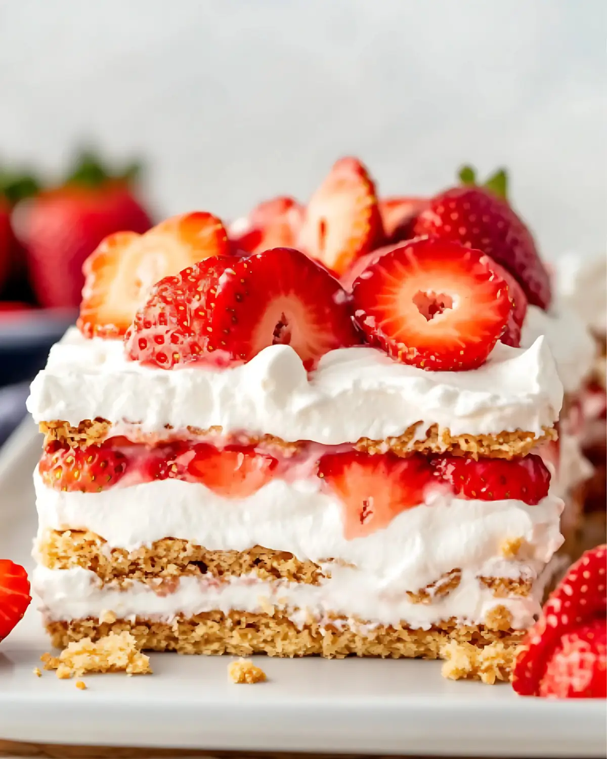 Strawberry Icebox Cake with fresh strawberries, whipped cream, and graham cracker layers.