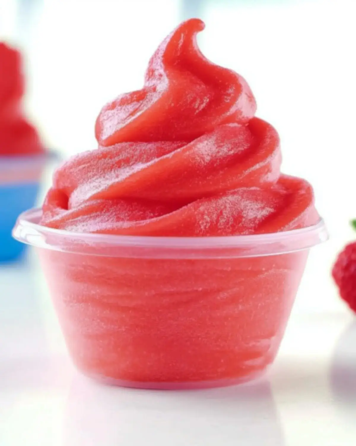 Strawberry Dole Whip with a soft, creamy swirl in a clear cup, perfect for a healthy frozen dessert.