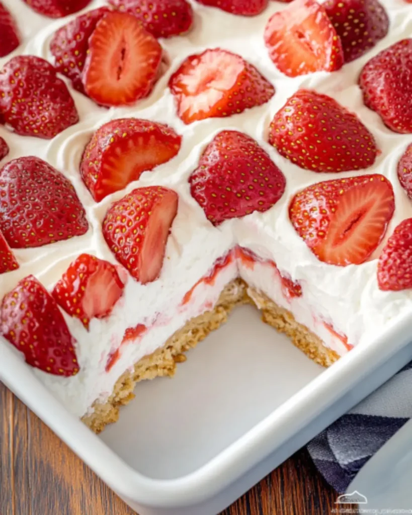 Layered Strawberry Icebox Cake with graham crackers, whipped cream, and sliced strawberries.
