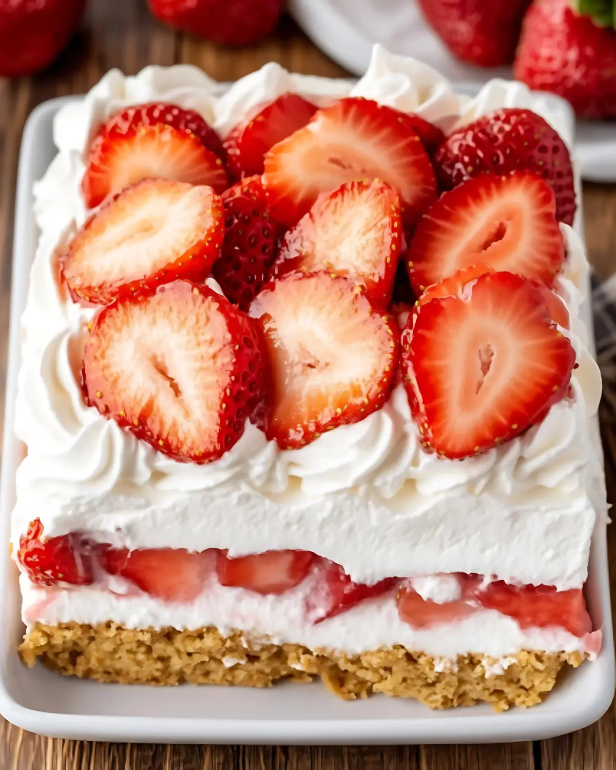 Strawberry Icebox Cake with whipped cream and sliced strawberries in a 9x9 pan.