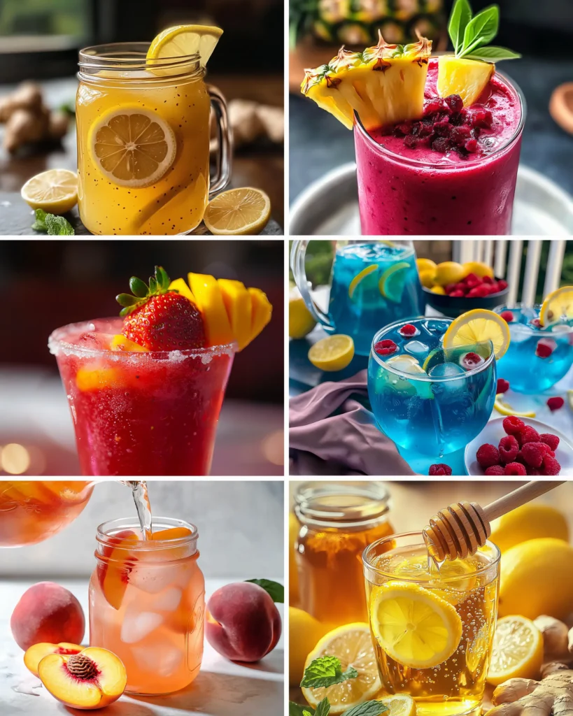 Refreshing summer drinks including lemon honey tea, peach iced tea, tropical smoothies, blue raspberry lemonade, and fruity mocktails in glass jars.