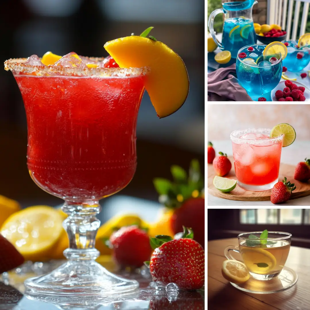 Refreshing summer drinks including strawberry margarita, blue lemonade, and lemon mint iced tea.