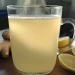 Freshly made Japanese water in a glass mug with lemon halves and raw ginger