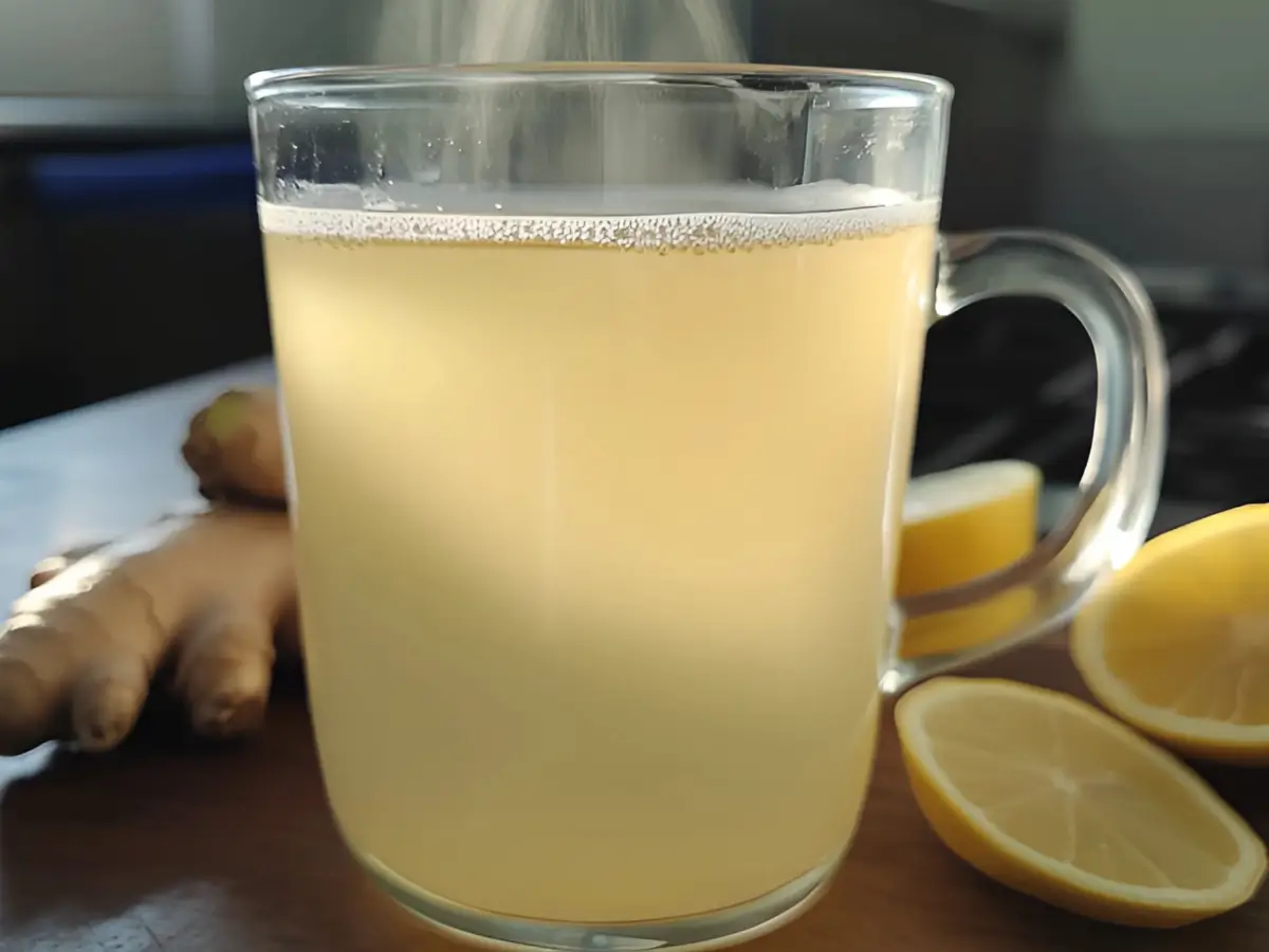 Freshly made Japanese water in a glass mug with lemon halves and raw ginger