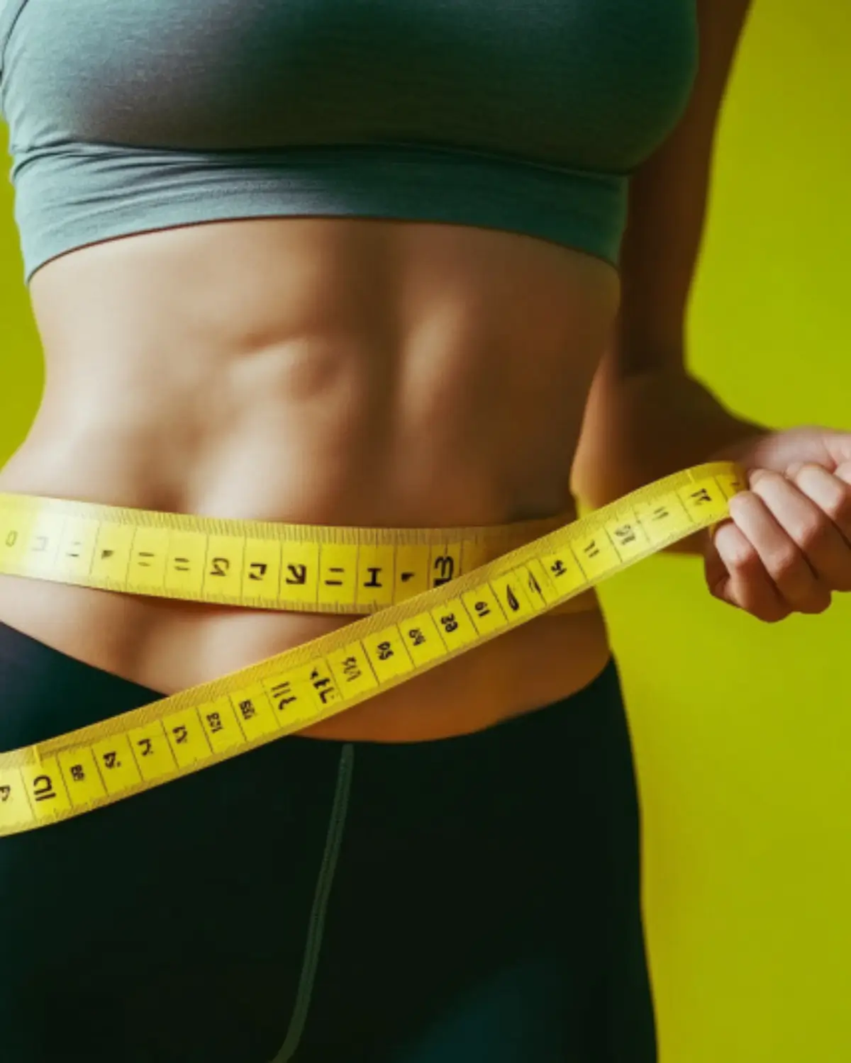 Slim waist woman measuring body with tape measure after weight loss on green background