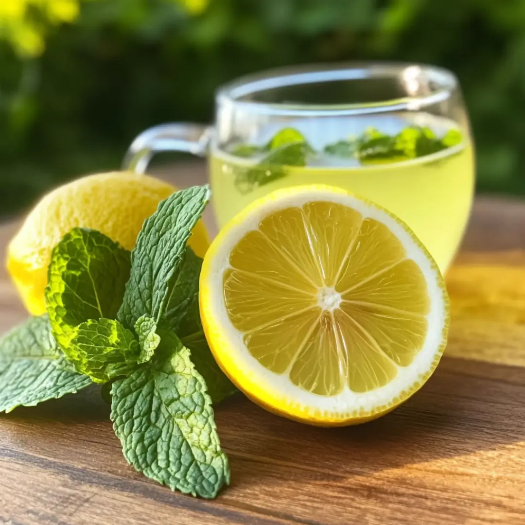 Cup of lemon balm tea with lemon slice showing recommended daily amount