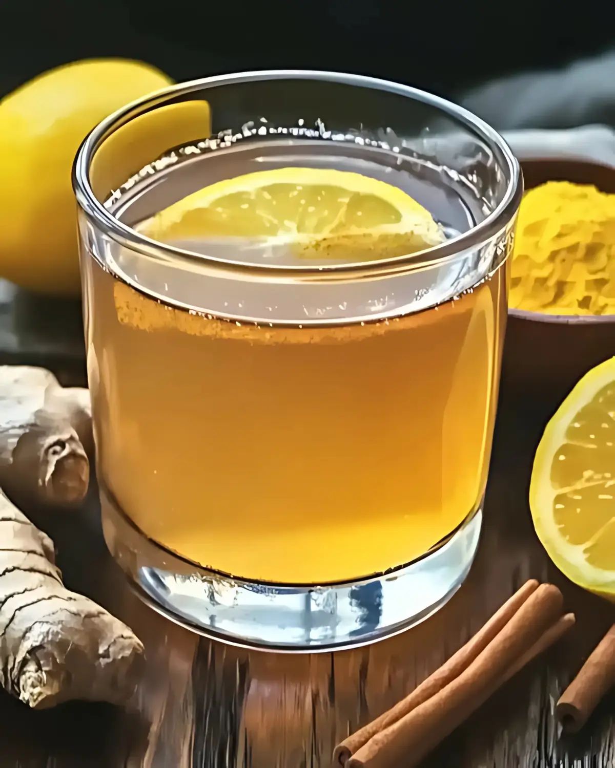 Natural Mounjaro weight loss drink in a clear glass with lemon slice, surrounded by fresh ginger, cinnamon sticks, and turmeric powder on a rustic wooden surface