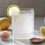 Glass of lemon water with Himalayan pink salt, lemon slices, and wooden spoon on a white countertop.